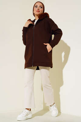 Kapüşonu Kürklü Hırka Kahve - Thumbnail