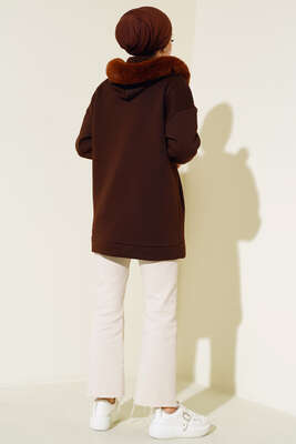 Kapüşonu Kürklü Hırka Kahve - Thumbnail