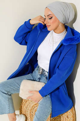 Kapüşonu Kürklü Hırka Saks - Thumbnail