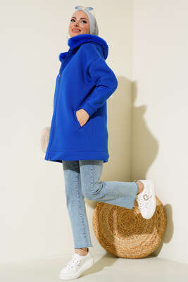 Kapüşonu Kürklü Hırka Saks - Thumbnail