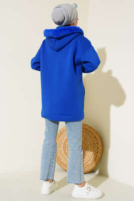 Kapüşonu Kürklü Hırka Saks - Thumbnail