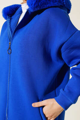 Kapüşonu Kürklü Hırka Saks - Thumbnail