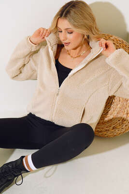 Cepli Dik Yaka Peluş Mont Bej - Thumbnail