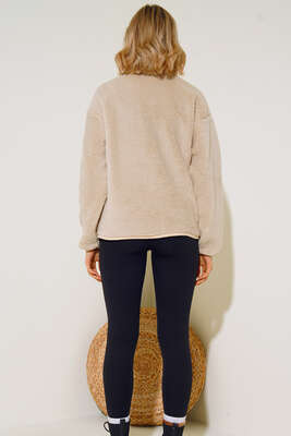 Cepli Dik Yaka Peluş Mont Bej - Thumbnail