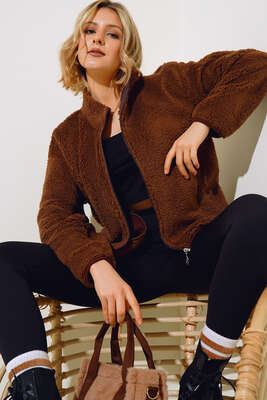 Cepli Dik Yaka Peluş Mont Kahve - Thumbnail