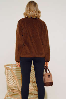 Cepli Dik Yaka Peluş Mont Kahve - Thumbnail