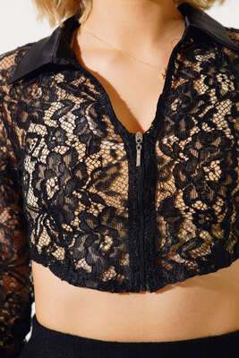 Fermuarlı Güpürlü Bluz Siyah - Thumbnail