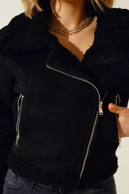 Fermuarlı Kürklü Süet Mont Siyah - Thumbnail