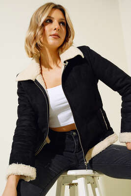 İçi Kürklü Kısa Süet Mont Siyah - Thumbnail