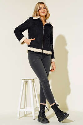 İçi Kürklü Kısa Süet Mont Siyah - Thumbnail