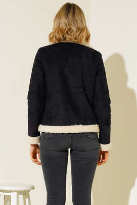 İçi Kürklü Kısa Süet Mont Siyah - Thumbnail