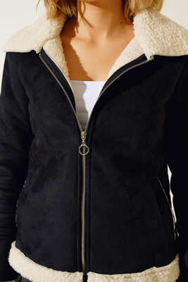 İçi Kürklü Kısa Süet Mont Siyah - Thumbnail