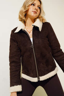 İçi Kürklü Kısa Süet Mont Kahve - Thumbnail