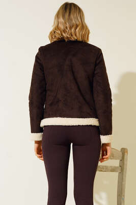 İçi Kürklü Kısa Süet Mont Kahve - Thumbnail