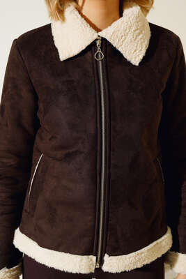 İçi Kürklü Kısa Süet Mont Kahve - Thumbnail