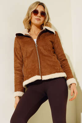 İçi Kürklü Kısa Süet Mont Taba - Thumbnail