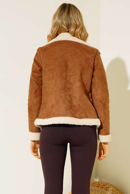 İçi Kürklü Kısa Süet Mont Taba - Thumbnail