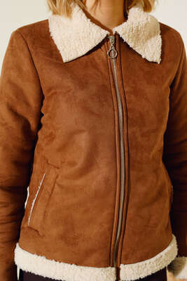 İçi Kürklü Kısa Süet Mont Taba - Thumbnail