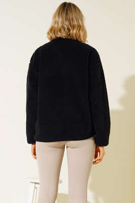 Cepli Dik Yaka Peluş Mont Siyah - Thumbnail