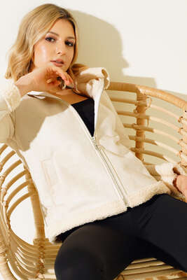 İçi Kürklü Kısa Süet Mont Bej - Thumbnail