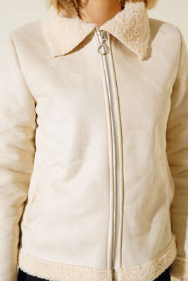 İçi Kürklü Kısa Süet Mont Bej - Thumbnail