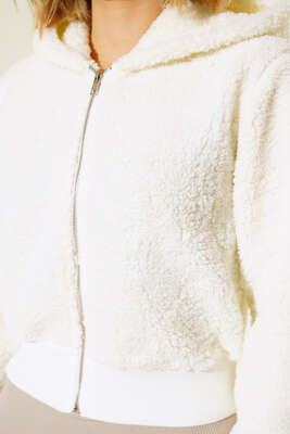 Fermuarlı Kısa Peluş Mont Ekru - Thumbnail