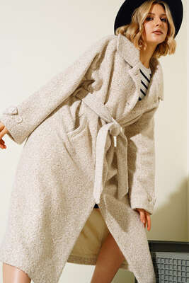 Kol Bantlı Belden Bağlamalı Kuşaklı Kaban Bej - Thumbnail