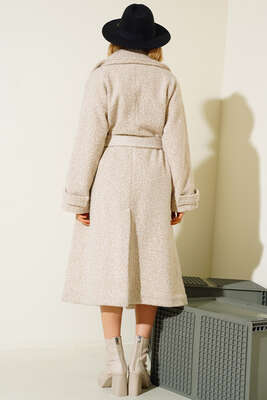 Kol Bantlı Belden Bağlamalı Kuşaklı Kaban Bej - Thumbnail