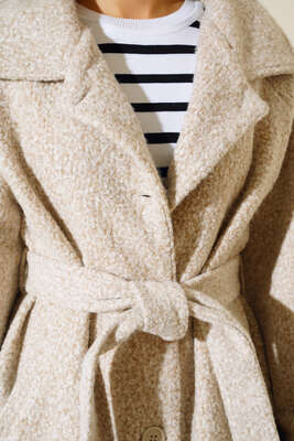 Kol Bantlı Belden Bağlamalı Kuşaklı Kaban Bej - Thumbnail