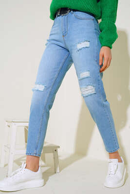 Pazarium - Lazer Sökük Kot Pantolon Buz Mavisi