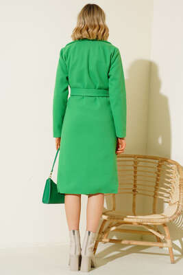 Kuşaklı Uzun Kaşe Kaban Yeşil - Thumbnail