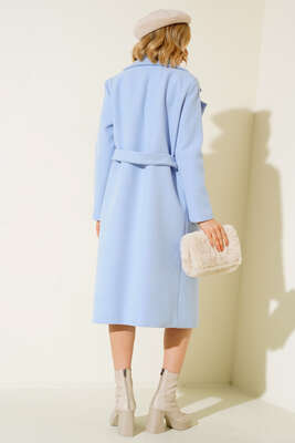 Kuşaklı Uzun Kaşe Kaban Mavi - Thumbnail