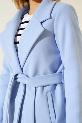 Kuşaklı Uzun Kaşe Kaban Mavi - Thumbnail