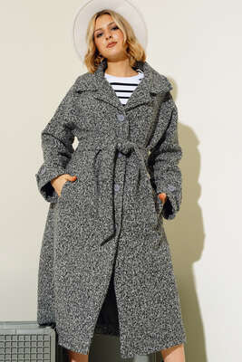 Kol Bantlı Belden Bağlamalı Kuşaklı Kaban Gri - Thumbnail