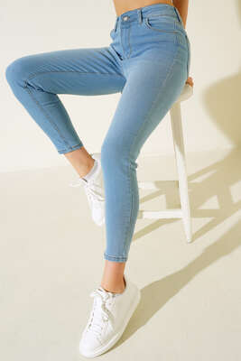 Pazarium - Yüksek Bel Dar Paça Pantalon Açık Mavi