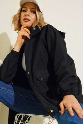 Kapüşonlu Uzun Mont Siyah - Thumbnail