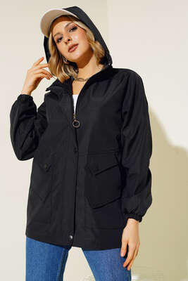 Kapüşonlu Uzun Mont Siyah - Thumbnail