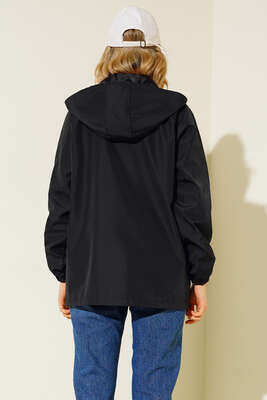 Kapüşonlu Uzun Mont Siyah - Thumbnail