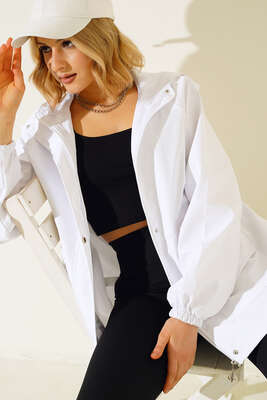 Kapüşonlu Uzun Mont Beyaz - Thumbnail