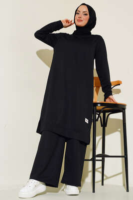 Pazarium - Armalı Bol Paça İkili Takım Siyah