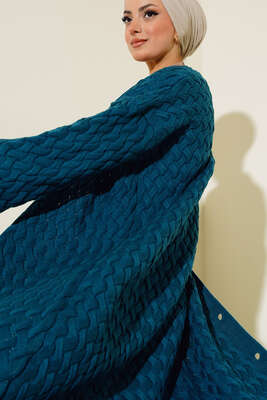 Pazarium - Boydan Düğmeli Sepet Örgü Uzun Hırka Petrol