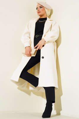 Pazarium - Balon Kollu Uzun Model Ekru Kaşe Kaban