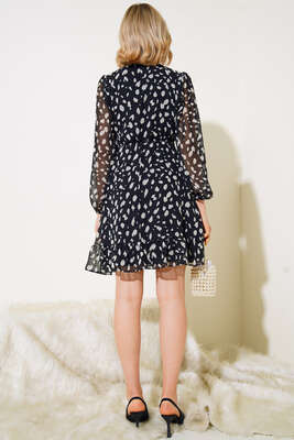 Kuşaklı Desenli Mini Elbise Siyah - Thumbnail