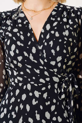 Kuşaklı Desenli Mini Elbise Siyah - Thumbnail