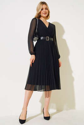 Pazarium - Puantiyeli Şifon Elbise Siyah