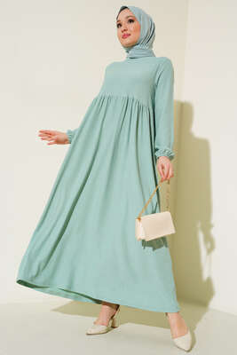 Bel Büzgülü Bürümcük Elbise Mint - Thumbnail
