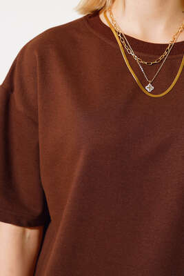 Basic Oversize Tshirt Kahve - Thumbnail
