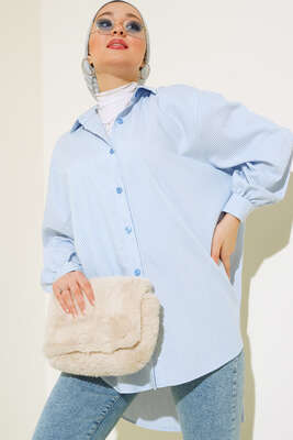 Çizgili Oversize Gömlek Mavi - Thumbnail