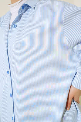 Çizgili Oversize Gömlek Mavi - Thumbnail