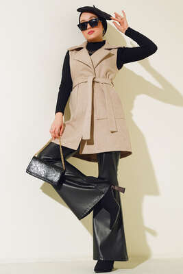 Cepli Kaşe Yelek Bej - Thumbnail